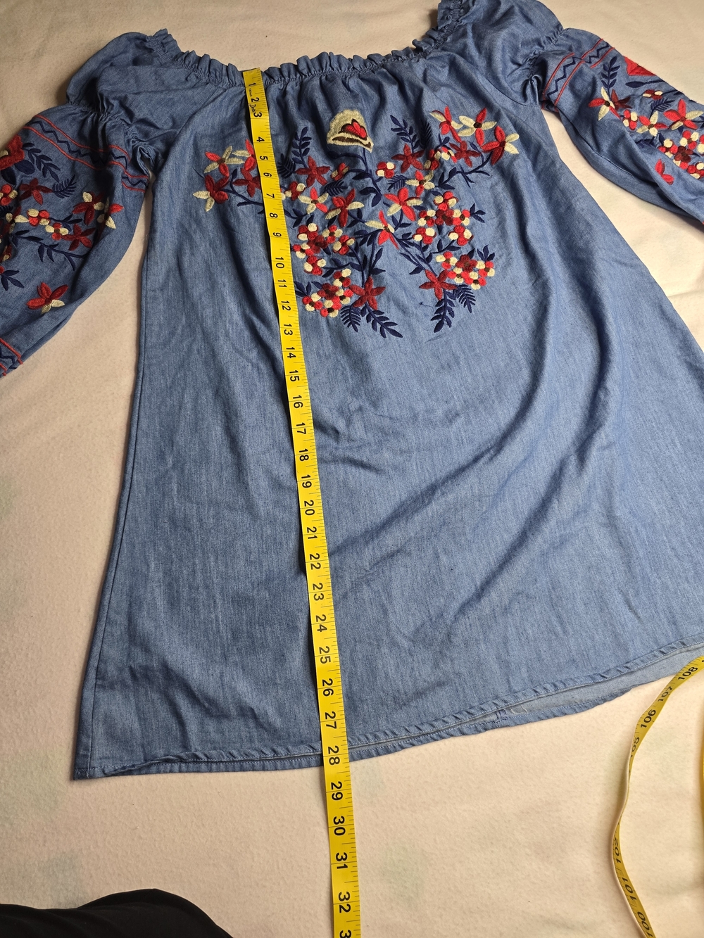 Embroidered Off-Shoulder Mini Dress in Denim Blue - Picture 5 of 8